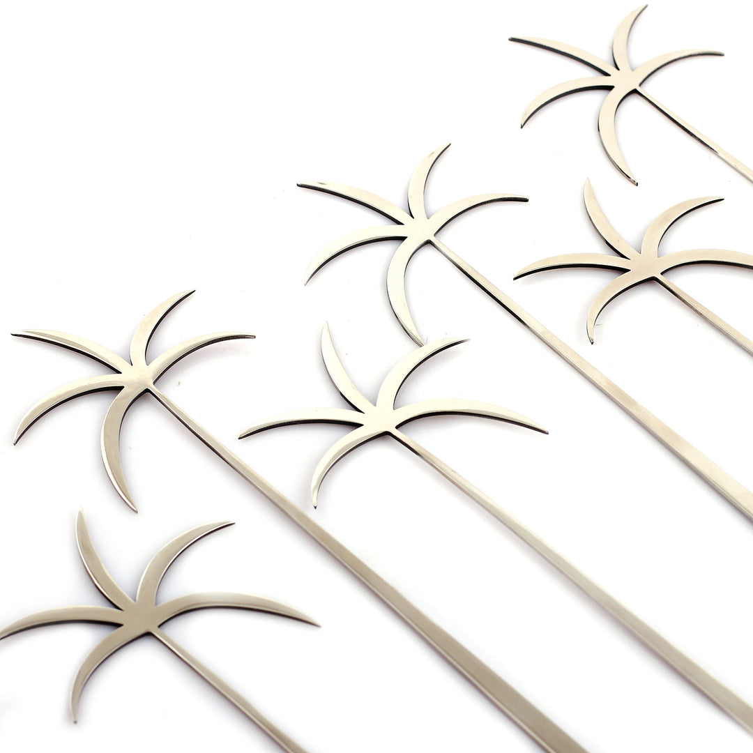 6 Modern Stainless Steel Drink Stirrers with Palm Tree Motif - Tropical Palm Trees