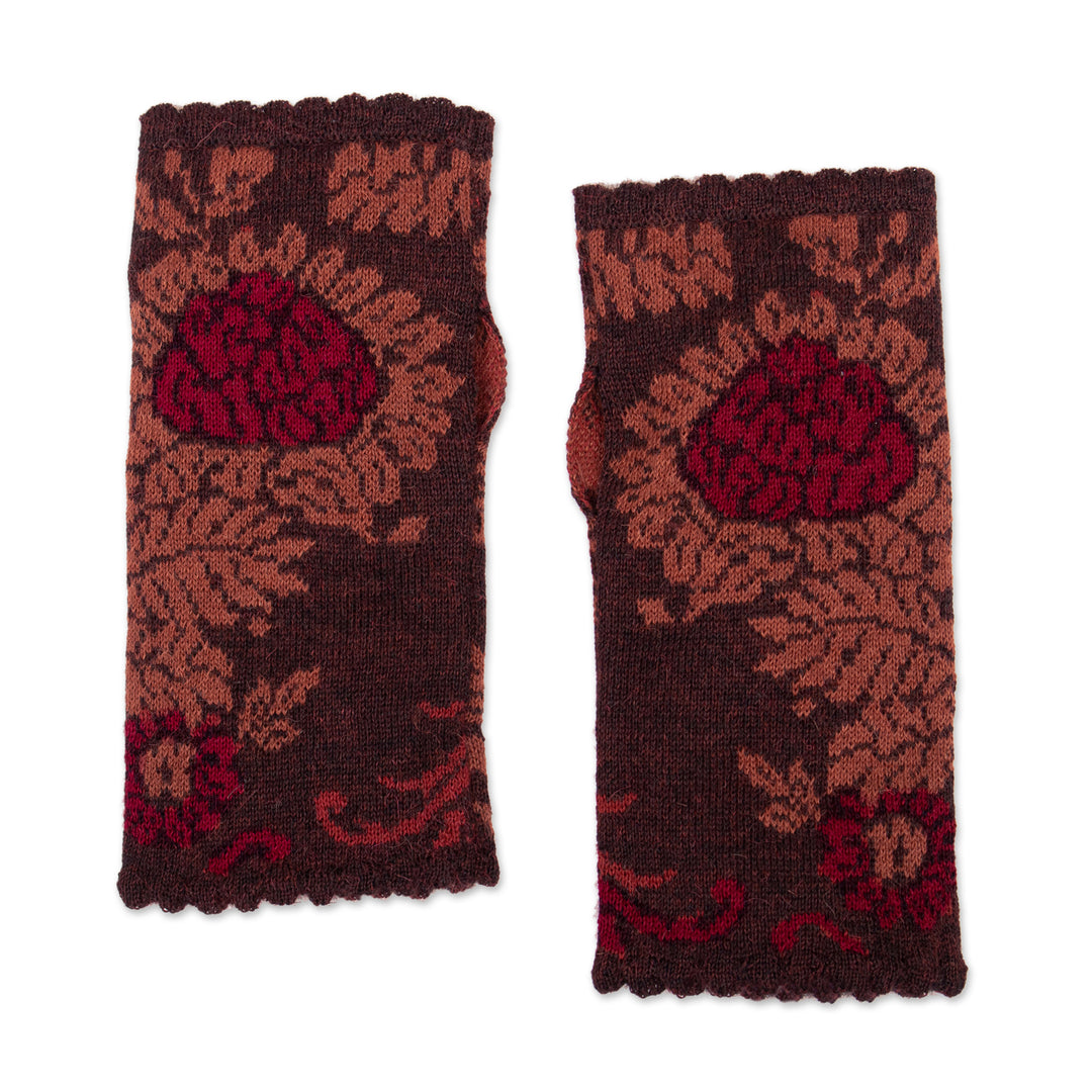 Knit Baby Alpaca Fingerless Mittens with Floral Leaf Designs - Autumn Sun