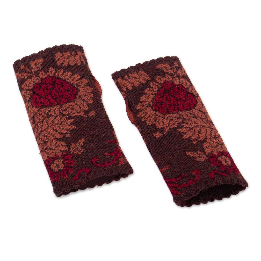 Knit Baby Alpaca Fingerless Mittens with Floral Leaf Designs - Autumn Sun