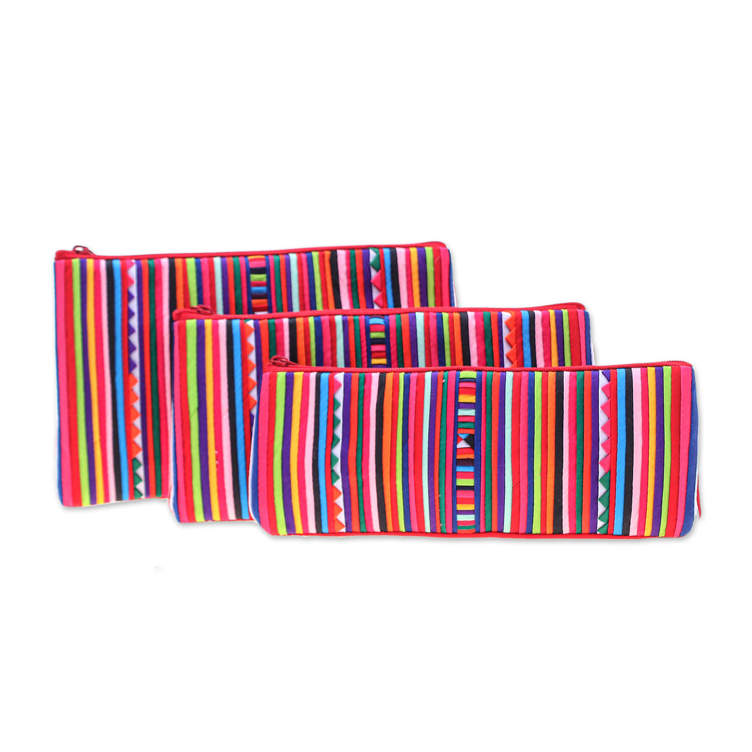 Hill Tribe-Inspired 3-Piece Striped Red Cosmetic Bag Set - Red Lisu