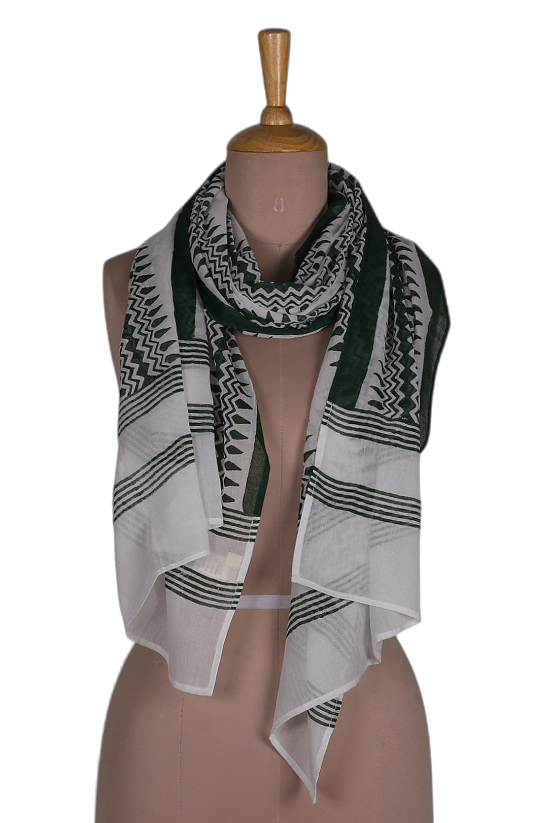 Hand Block-Printed Green White Cotton Shawl from India - Forest Green