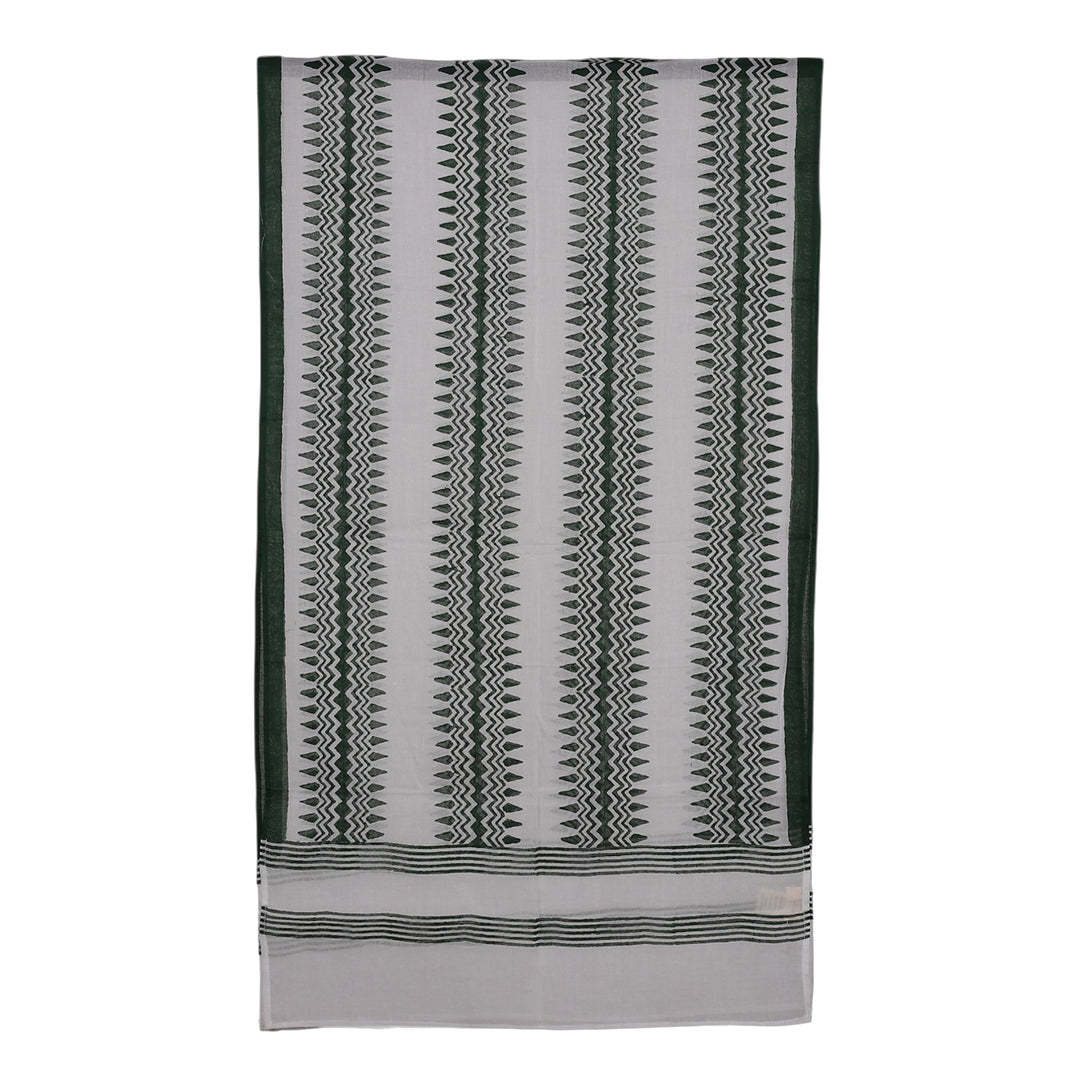 Hand Block-Printed Green White Cotton Shawl from India - Forest Green