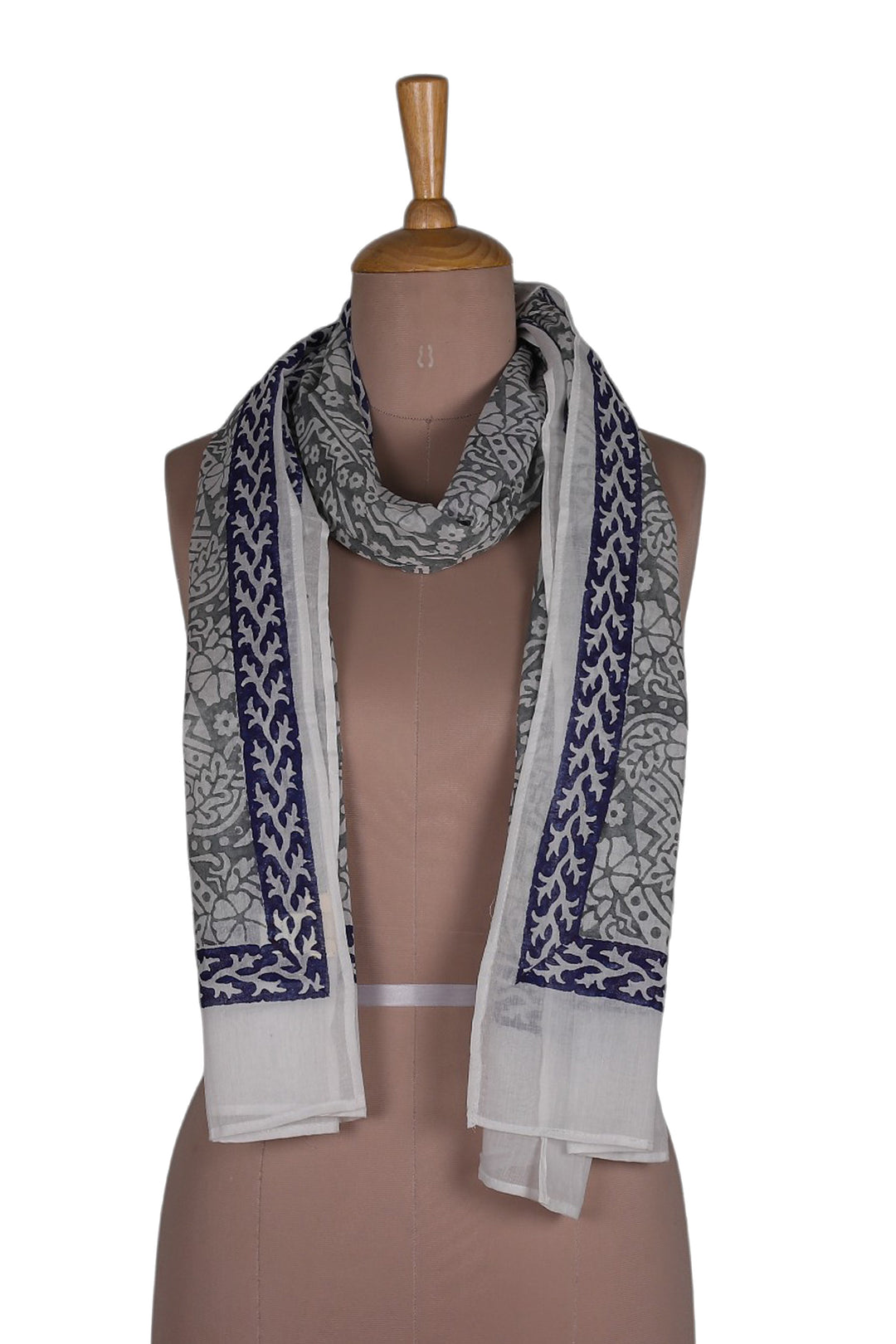 Vine Floral Grey Blue White Hand Block-Printed Cotton Shawl - Floral Harmony