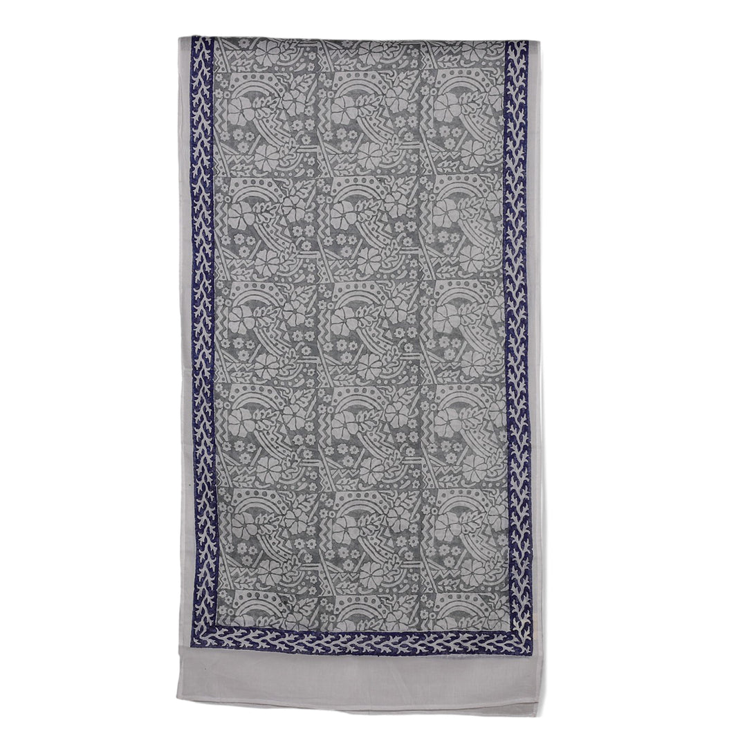 Vine Floral Grey Blue White Hand Block-Printed Cotton Shawl - Floral Harmony