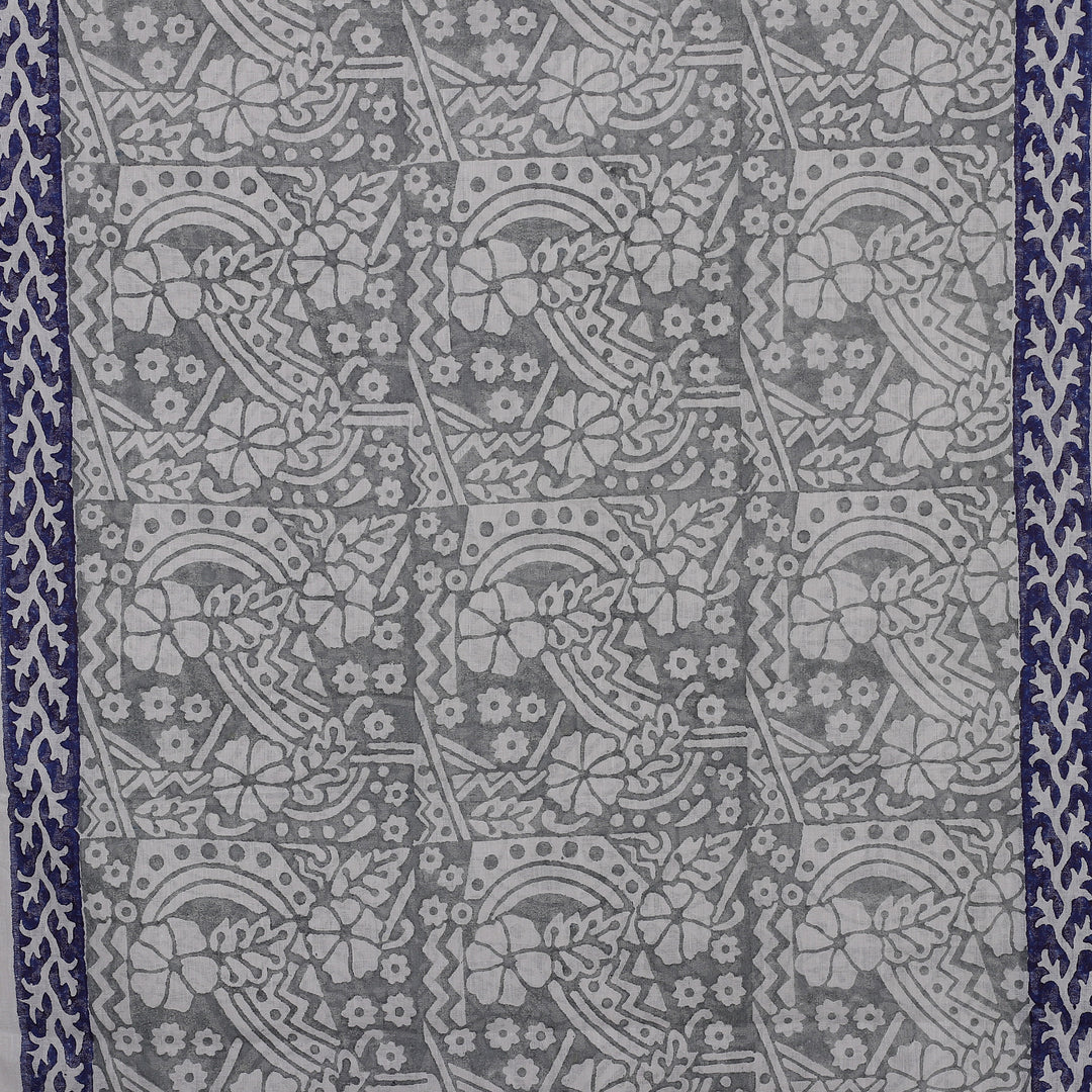 Vine Floral Grey Blue White Hand Block-Printed Cotton Shawl - Floral Harmony