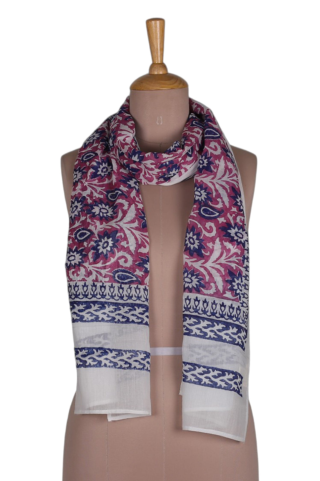 Cotton Shawl with Block-Printed Floral Leaf Paisley Motifs - Floral Whimsy