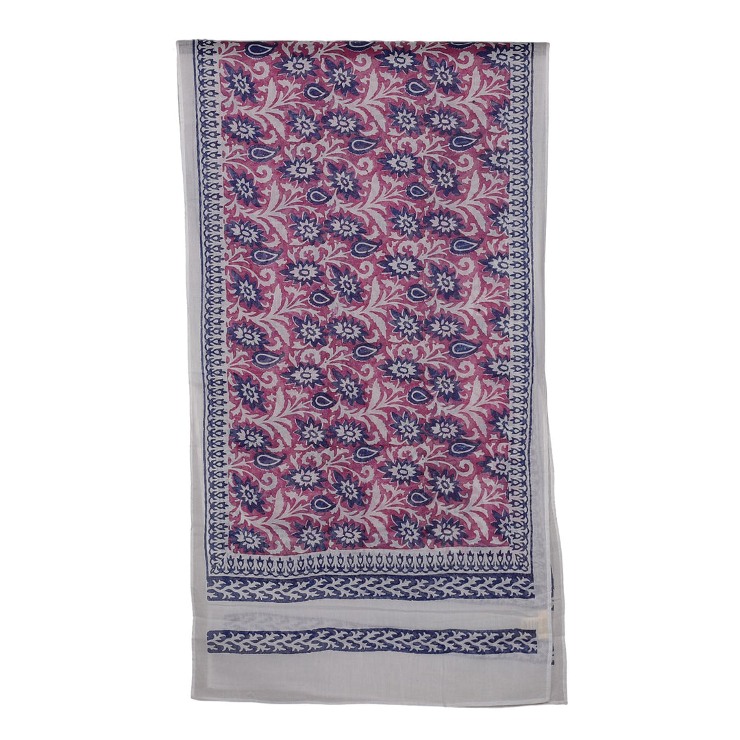 Cotton Shawl with Block-Printed Floral Leaf Paisley Motifs - Floral Whimsy