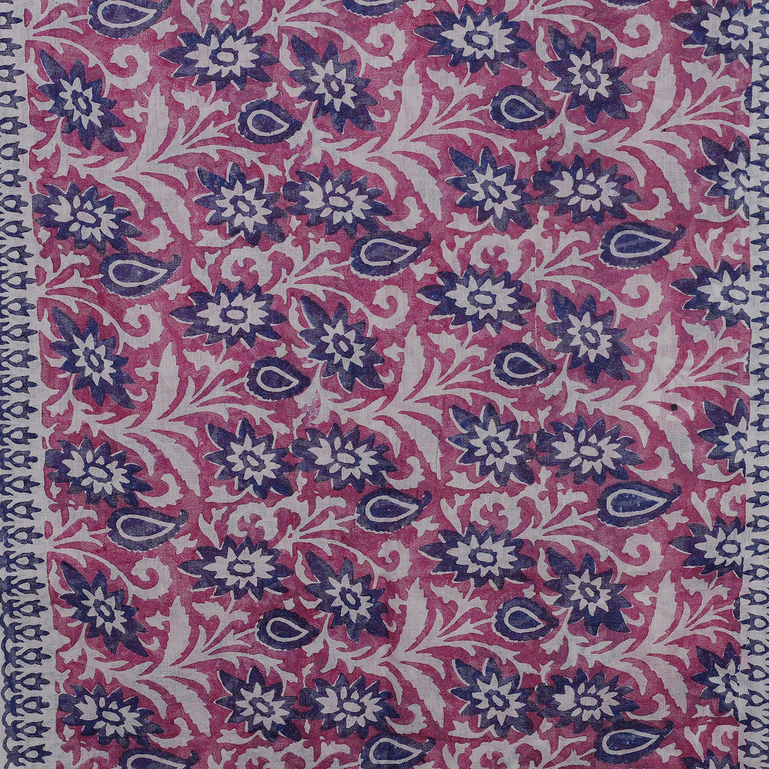 Cotton Shawl with Block-Printed Floral Leaf Paisley Motifs - Floral Whimsy