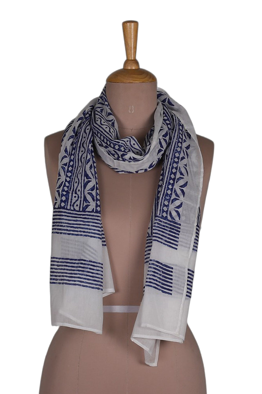 Geometric-Themed Blue White Hand Block-Printed Cotton Shawl - Indigo Echoes