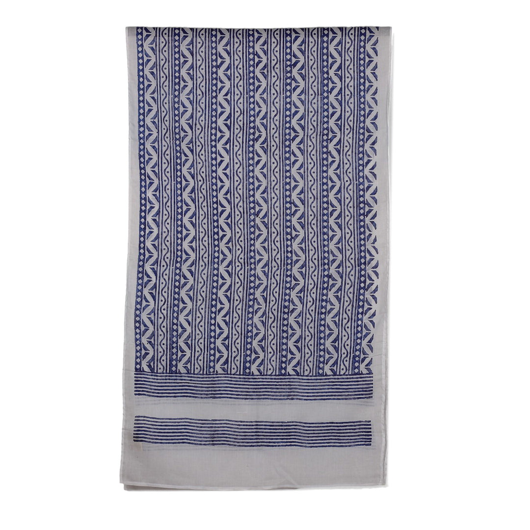 Geometric-Themed Blue White Hand Block-Printed Cotton Shawl - Indigo Echoes