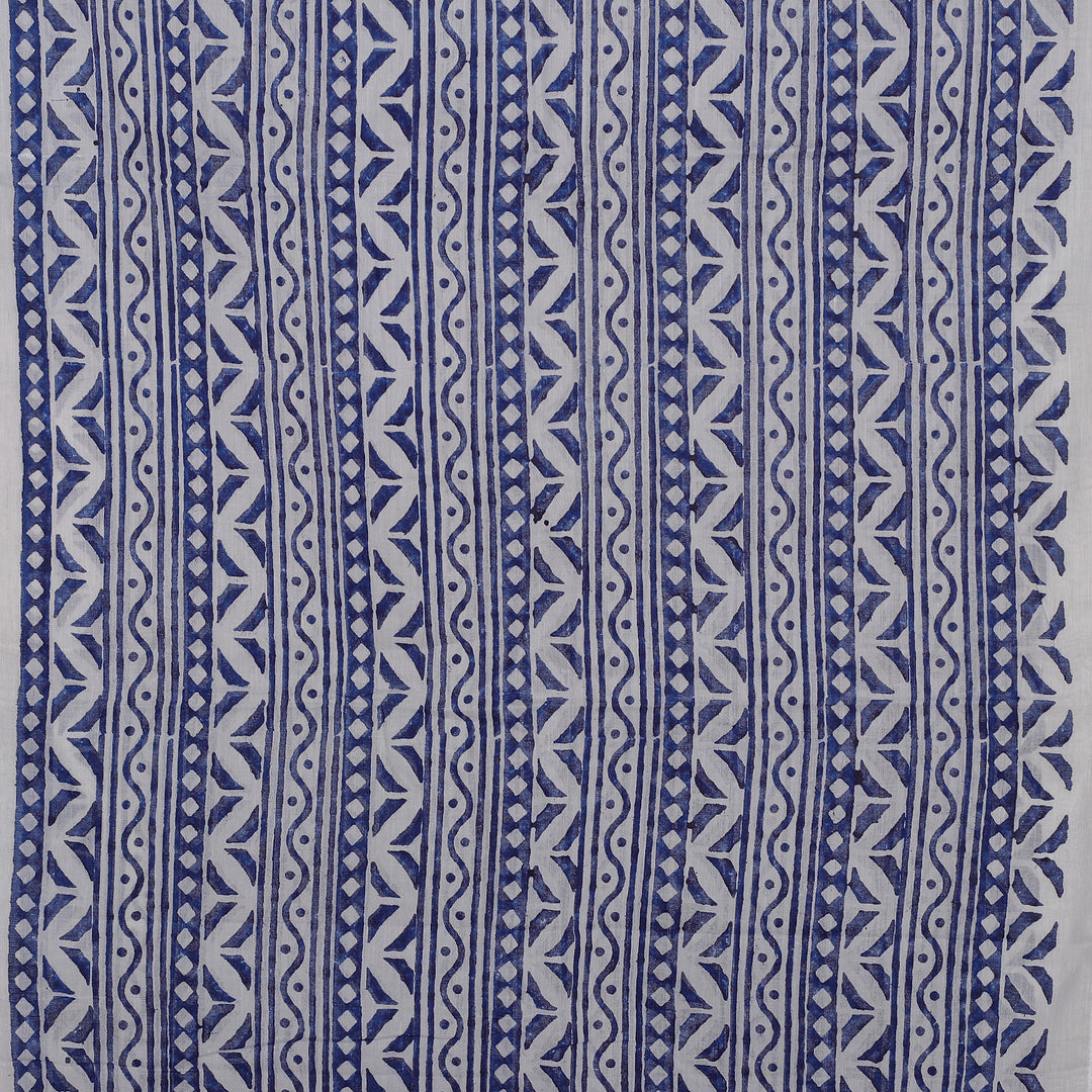 Geometric-Themed Blue White Hand Block-Printed Cotton Shawl - Indigo Echoes