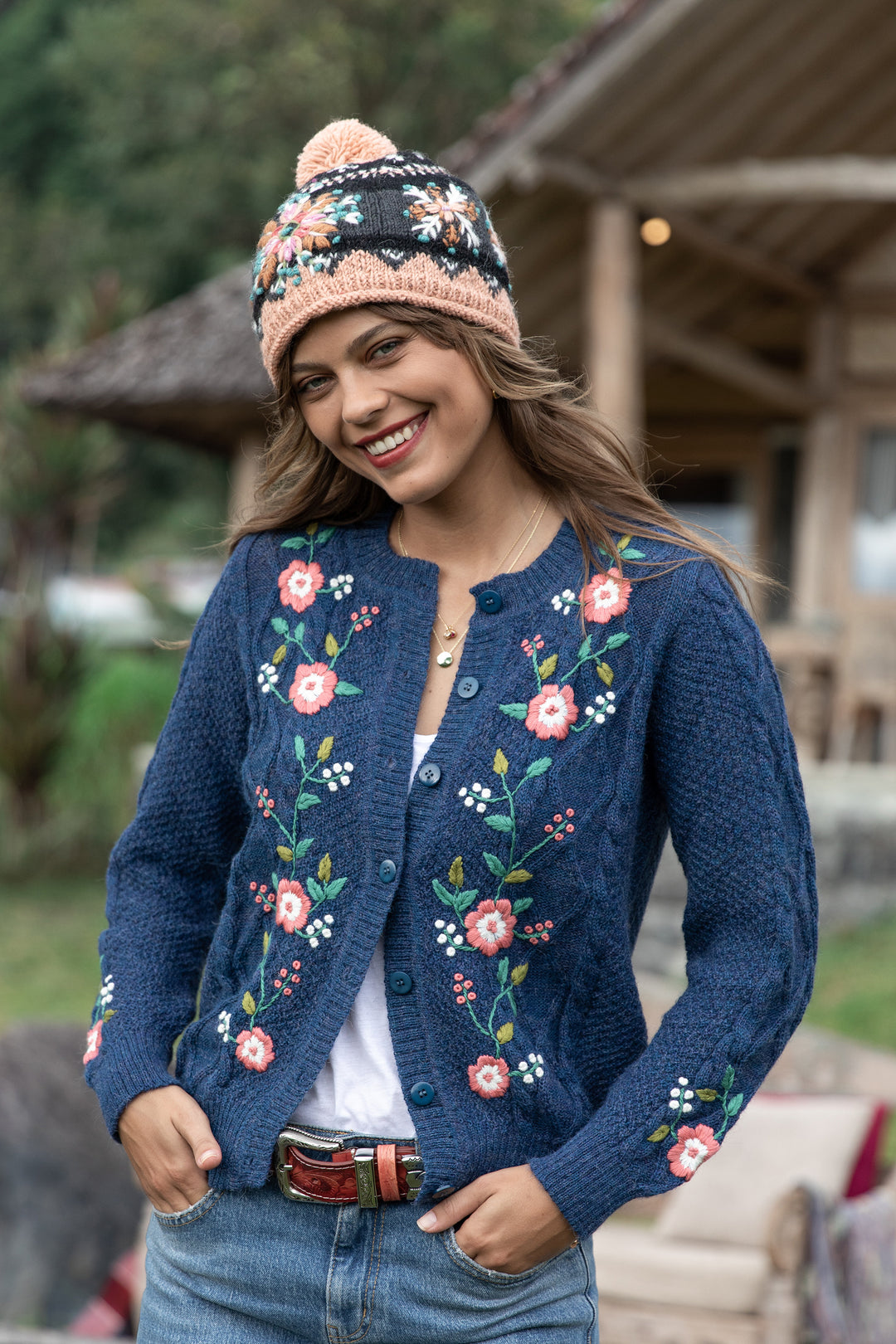 Women's All Wool Knit Hat Flower Embroidery Nepal - Sundari