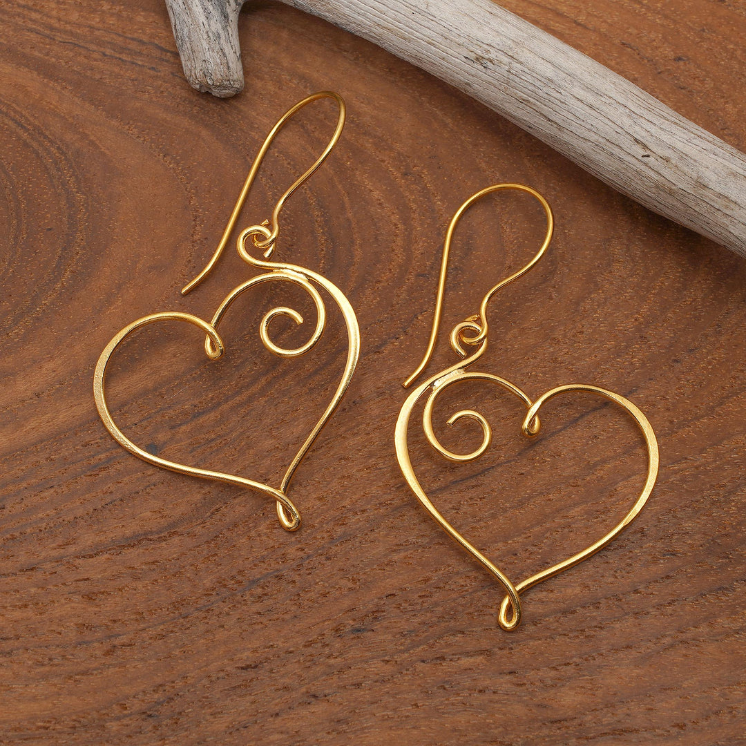 Hollow Heart-Themed 18k Gold-Plated Drop Earrings from Bali - Wires of Love