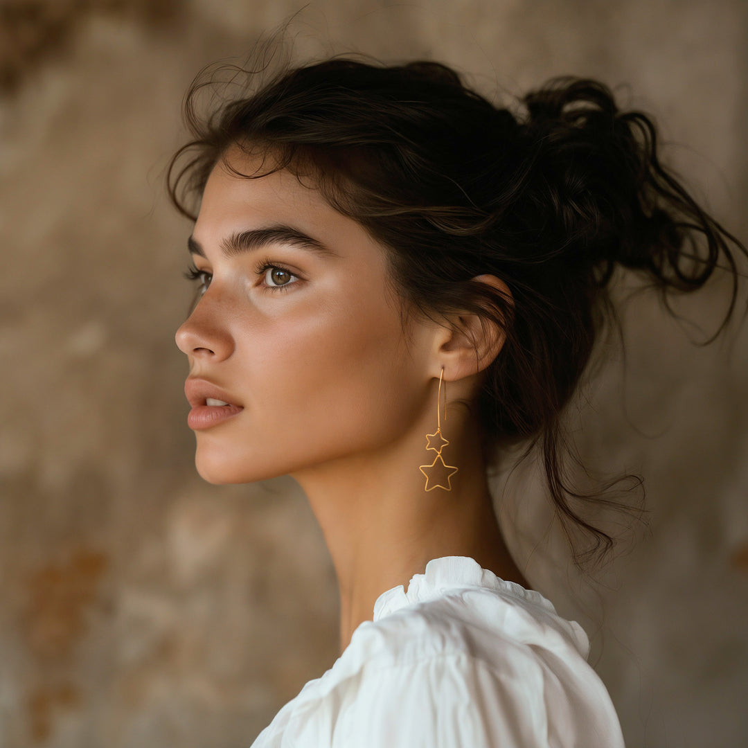 Interlinked Hollow Star-Themed Gold-Plated Dangle Earrings - Stars at Midnight