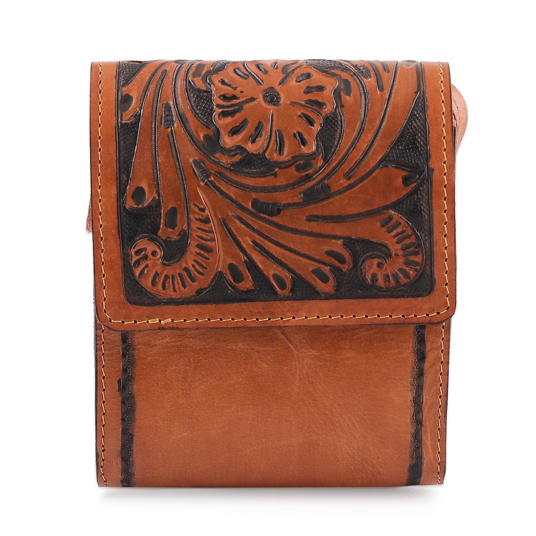 Tan Leather Sling Bag with Embossed Floral Paisley Designs - Timeless Elegance in Tan