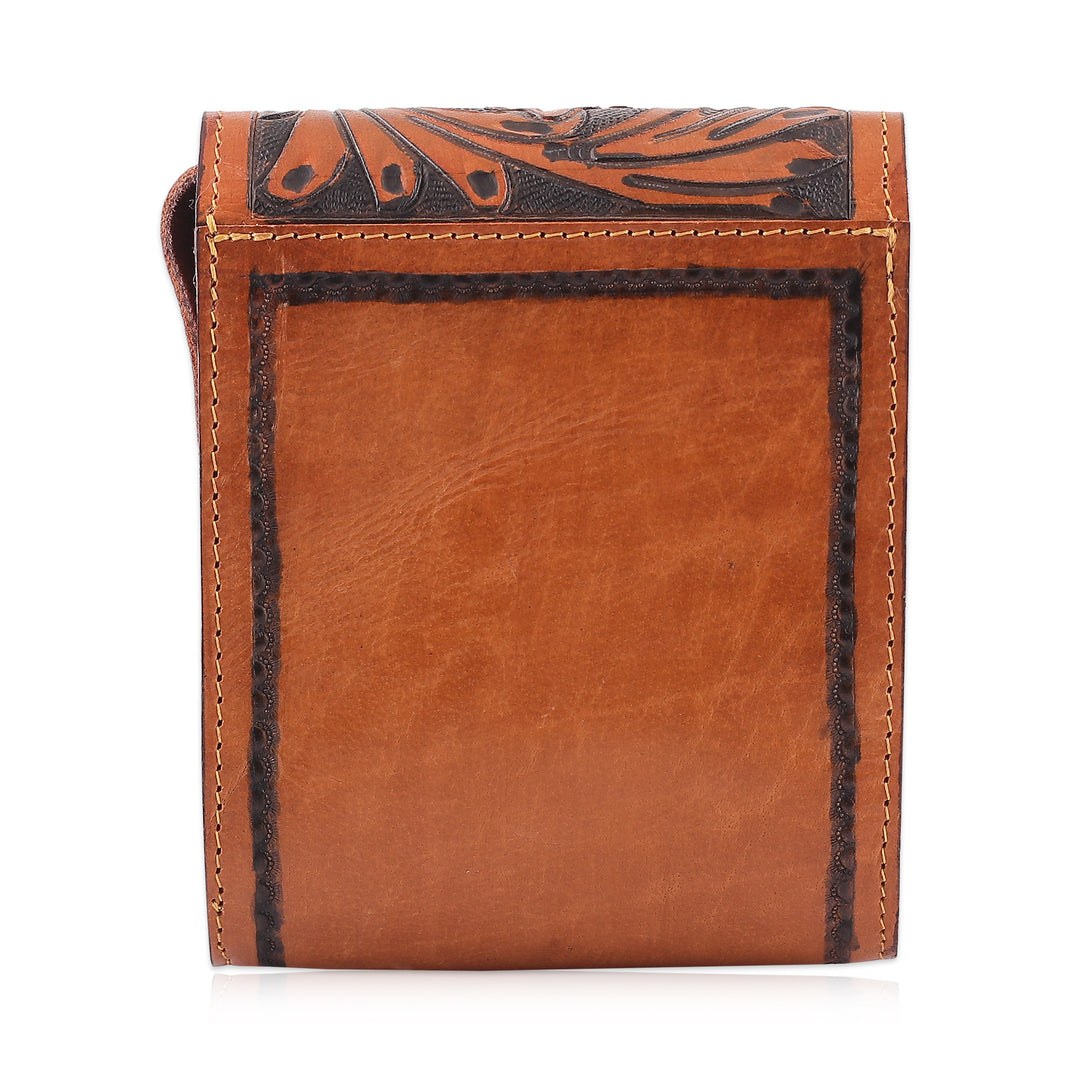Tan Leather Sling Bag with Embossed Floral Paisley Designs - Timeless Elegance in Tan