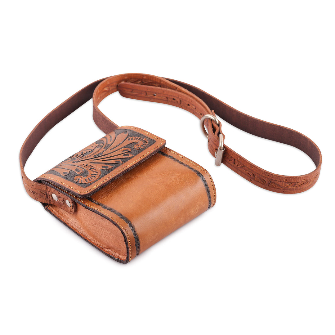 Tan Leather Sling Bag with Embossed Floral Paisley Designs - Timeless Elegance in Tan