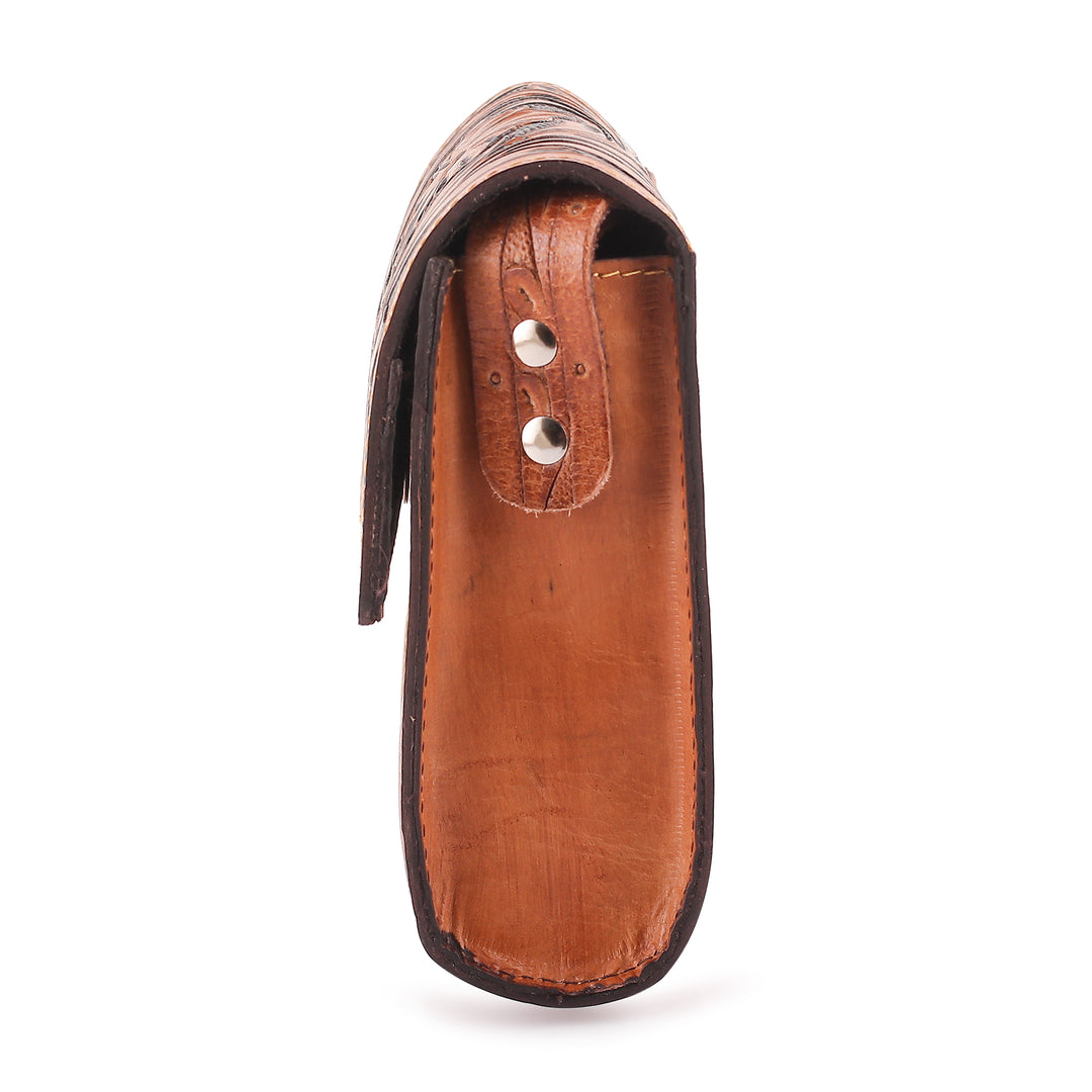 Tan Leather Sling Bag with Embossed Floral Paisley Designs - Timeless Elegance in Tan