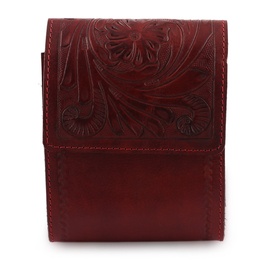 Red Leather Sling Bag with Embossed Floral and Paisley Motif - Timeless Elegance in Russet