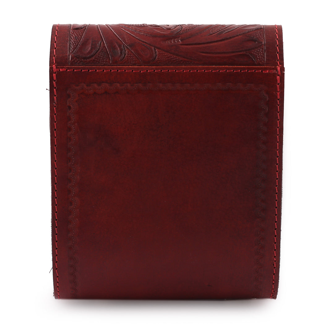 Red Leather Sling Bag with Embossed Floral and Paisley Motif - Timeless Elegance in Russet
