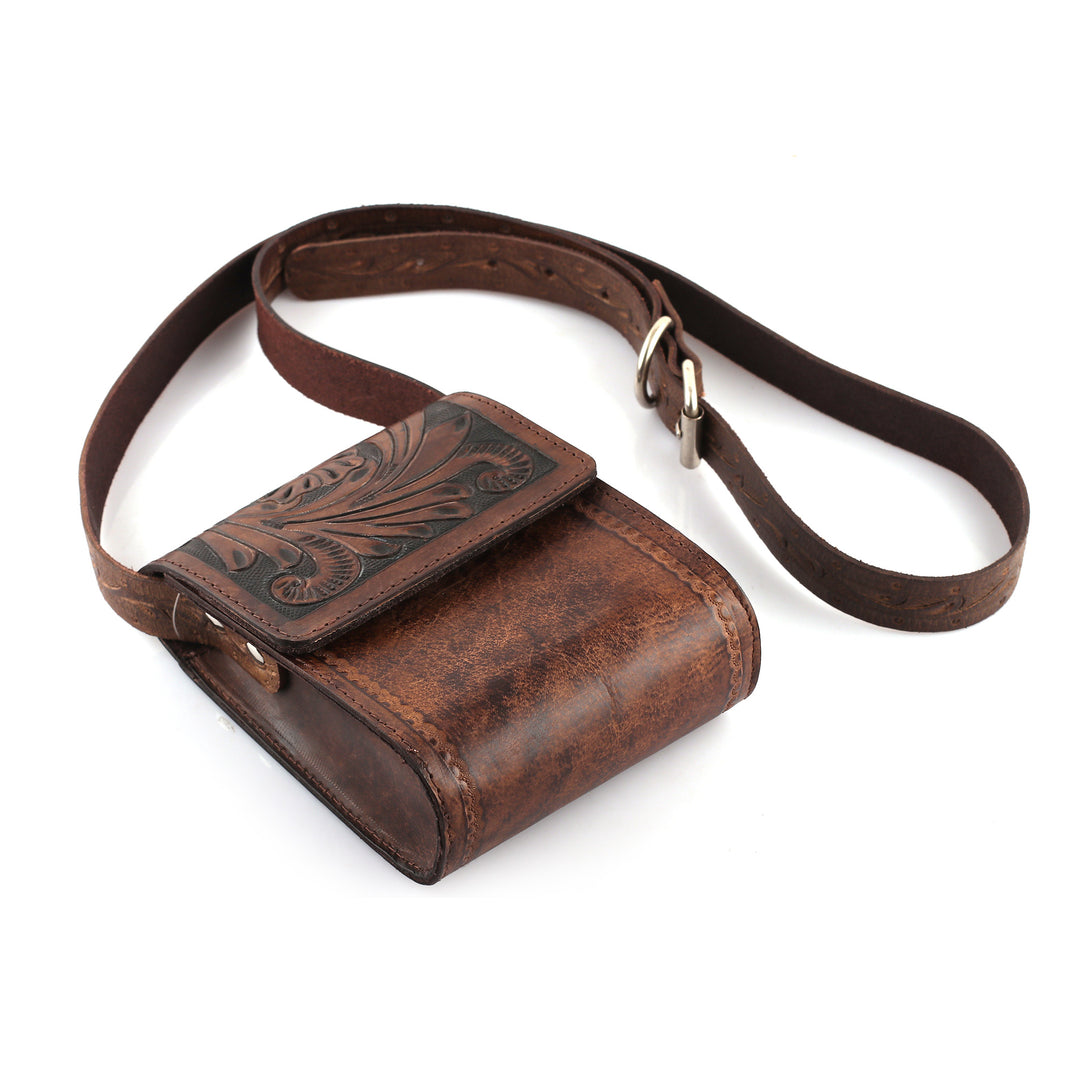 Floral and Paisley-Themed Embossed Brown Leather Sling Bag - Timeless Elegance in Chestnut