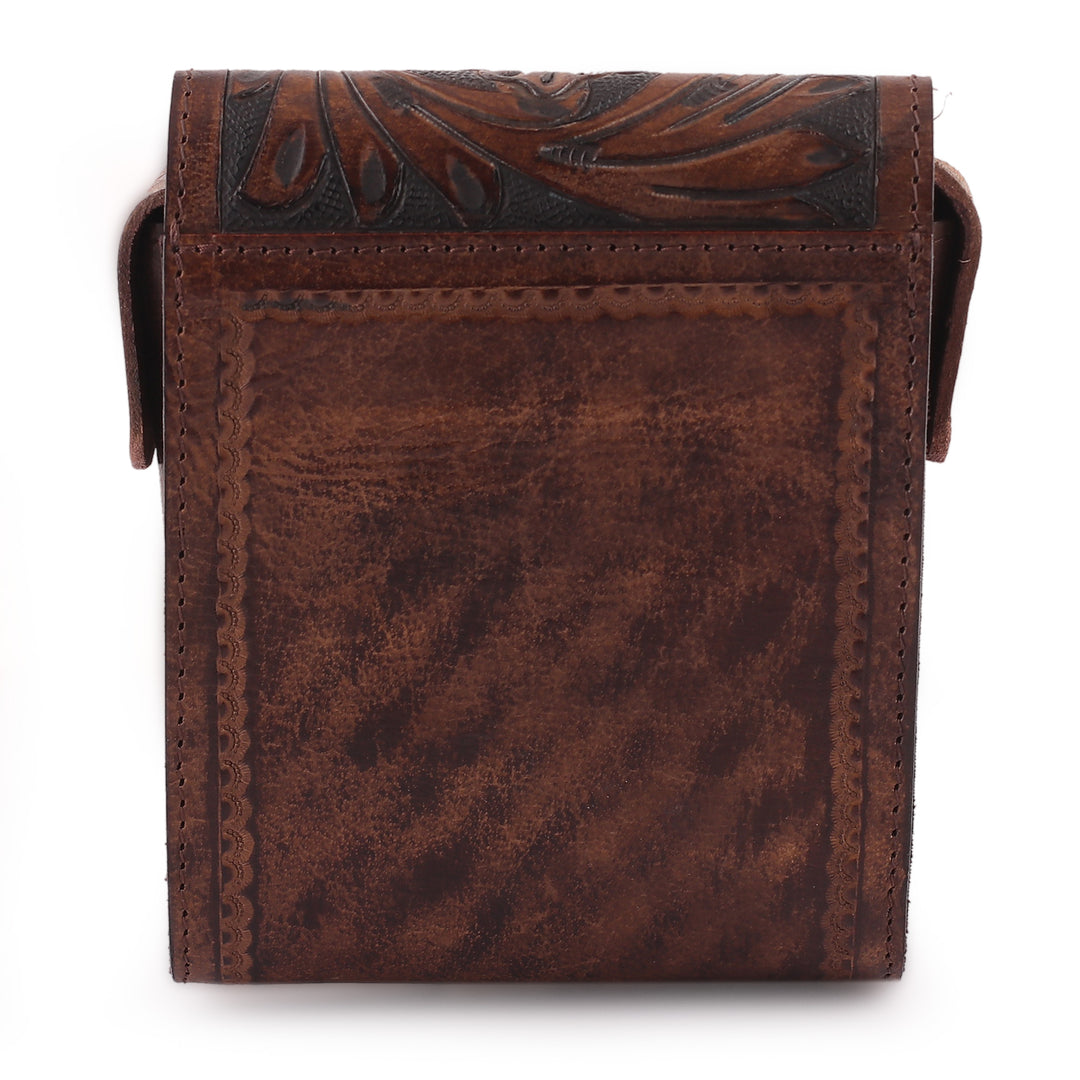 Floral and Paisley-Themed Embossed Brown Leather Sling Bag - Timeless Elegance in Chestnut