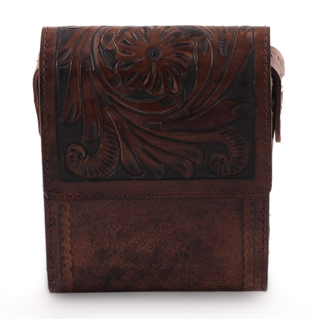 Floral and Paisley-Themed Embossed Brown Leather Sling Bag - Timeless Elegance in Chestnut
