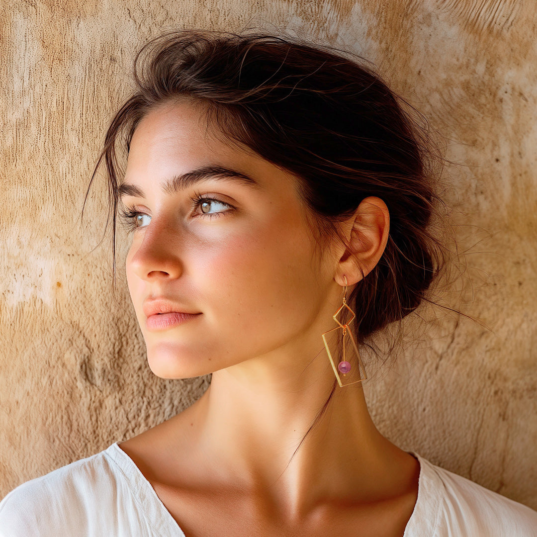 Geometric-Themed 18k Gold-Plated Amethyst Dangle Earrings - My Wise Reflection