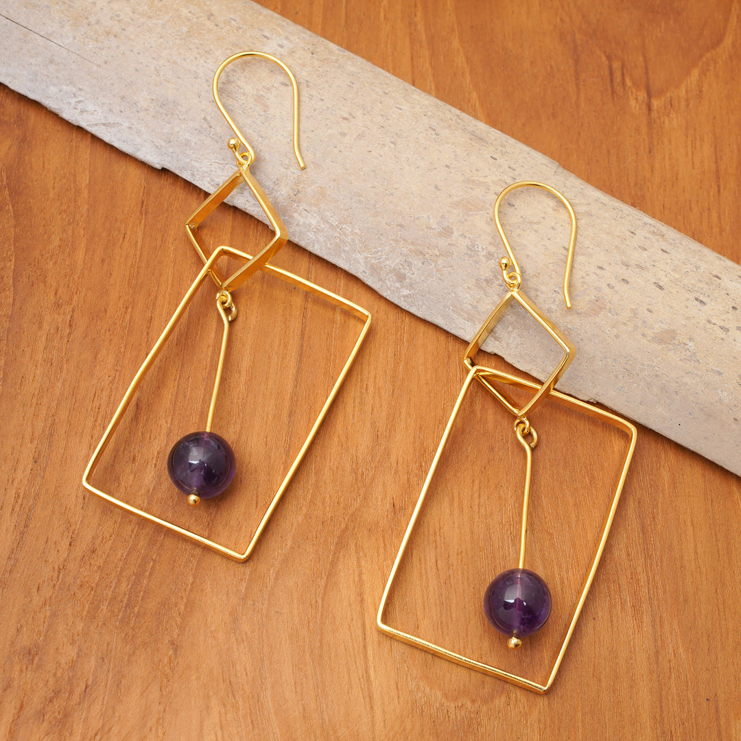 Geometric-Themed 18k Gold-Plated Amethyst Dangle Earrings - My Wise Reflection