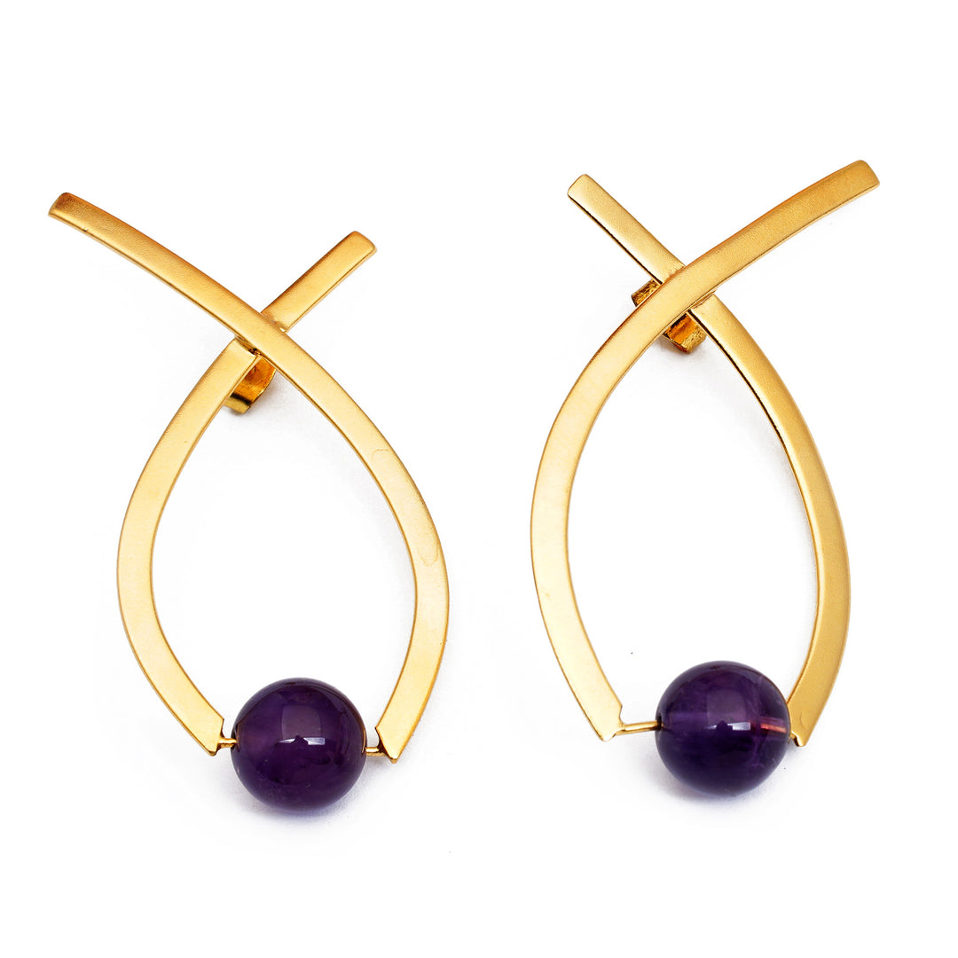 Semi-Abstract Gold-Plated Drop Earrings with Amethyst Gems - Sagacious Ribbon