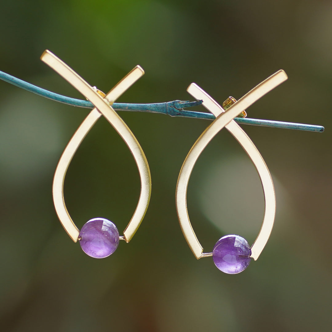 Semi-Abstract Gold-Plated Drop Earrings with Amethyst Gems - Sagacious Ribbon