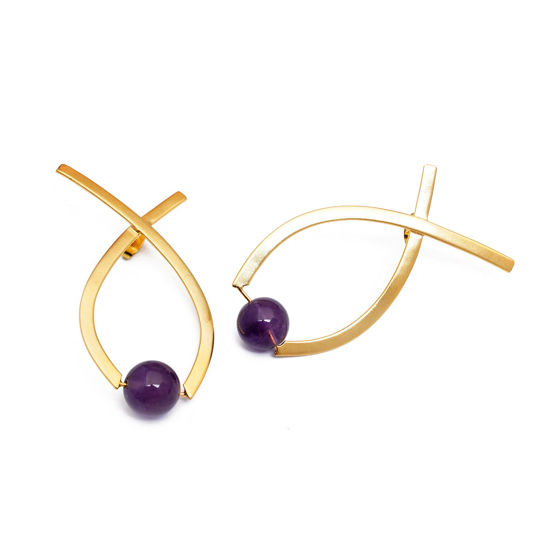 Semi-Abstract Gold-Plated Drop Earrings with Amethyst Gems - Sagacious Ribbon