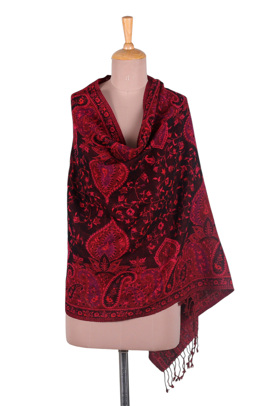 Reversible Wool Shawl in Red with Floral Leaf Paisley Motifs - Crimson Elegance