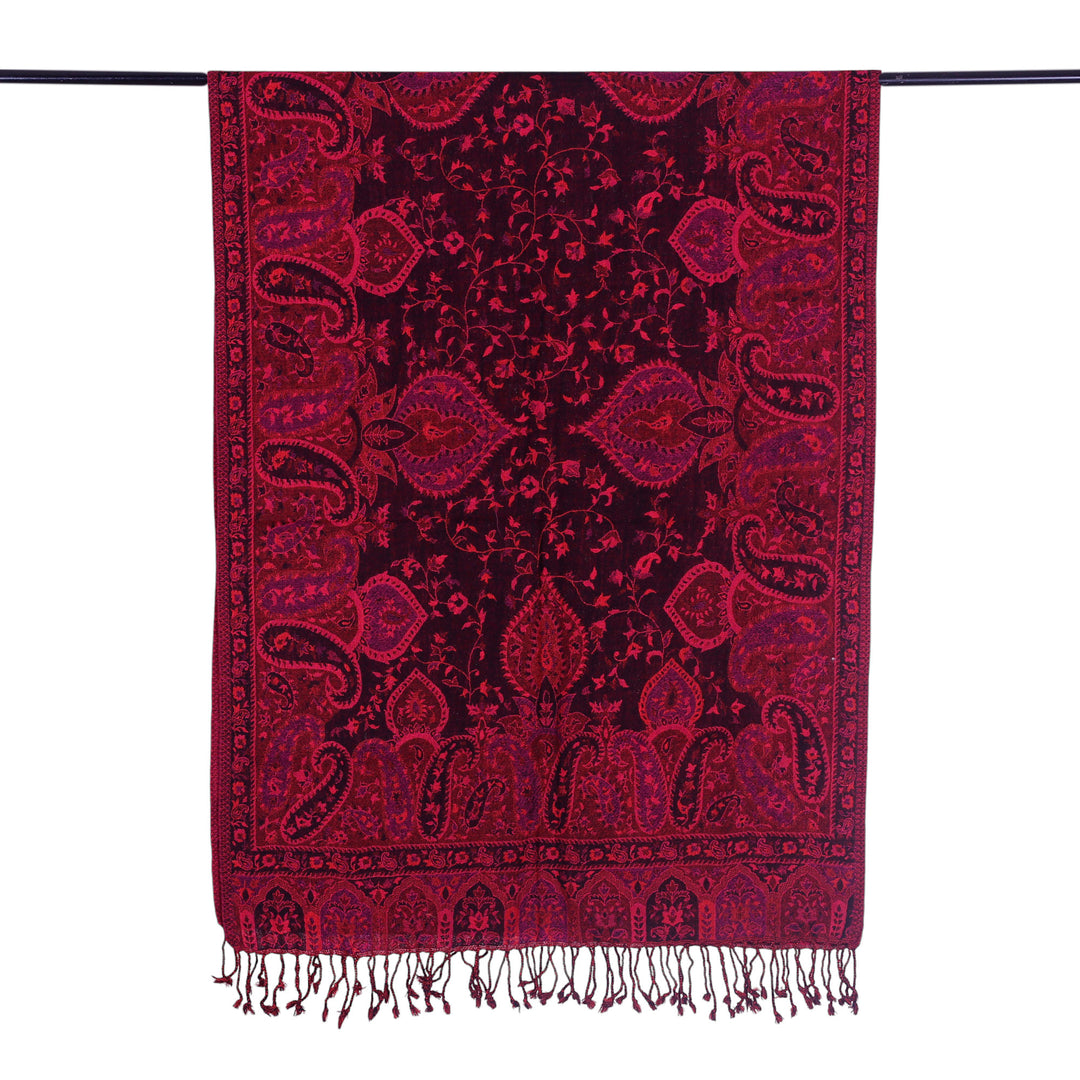 Reversible Wool Shawl in Red with Floral Leaf Paisley Motifs - Crimson Elegance