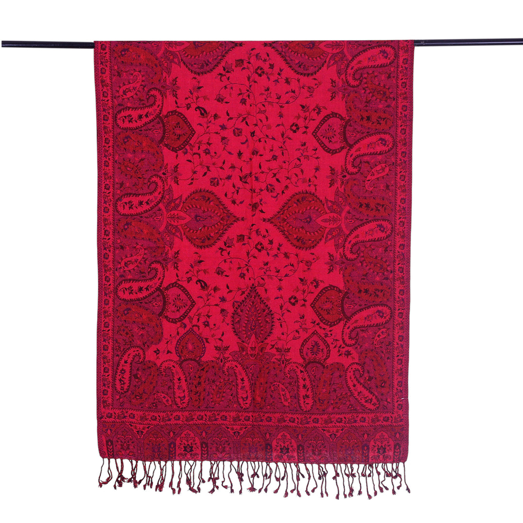 Reversible Wool Shawl in Red with Floral Leaf Paisley Motifs - Crimson Elegance
