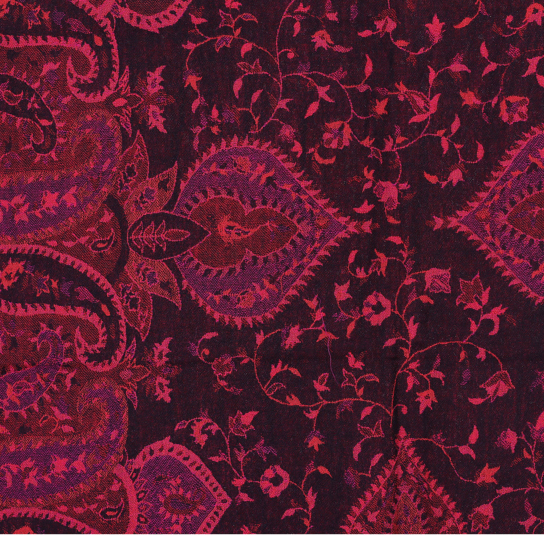 Reversible Wool Shawl in Red with Floral Leaf Paisley Motifs - Crimson Elegance