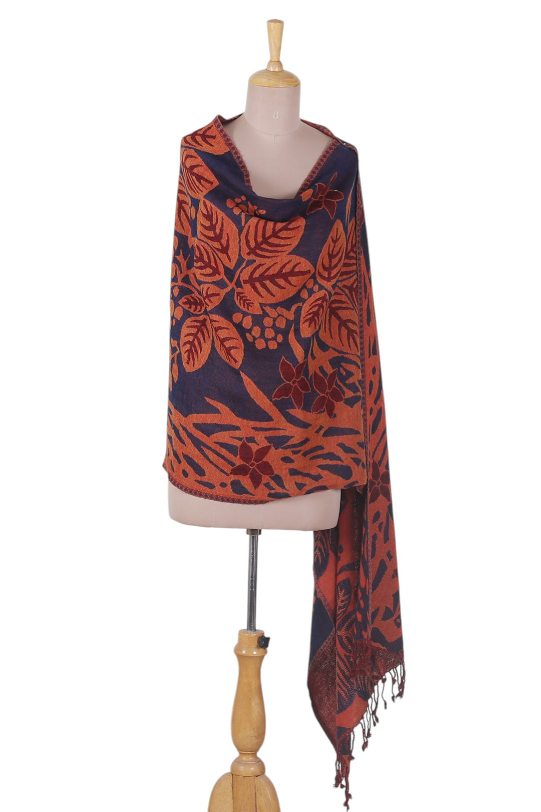 Floral Leaf-Themed Reversible Wool Shawl in Orange and Blue - Botanical Elegance