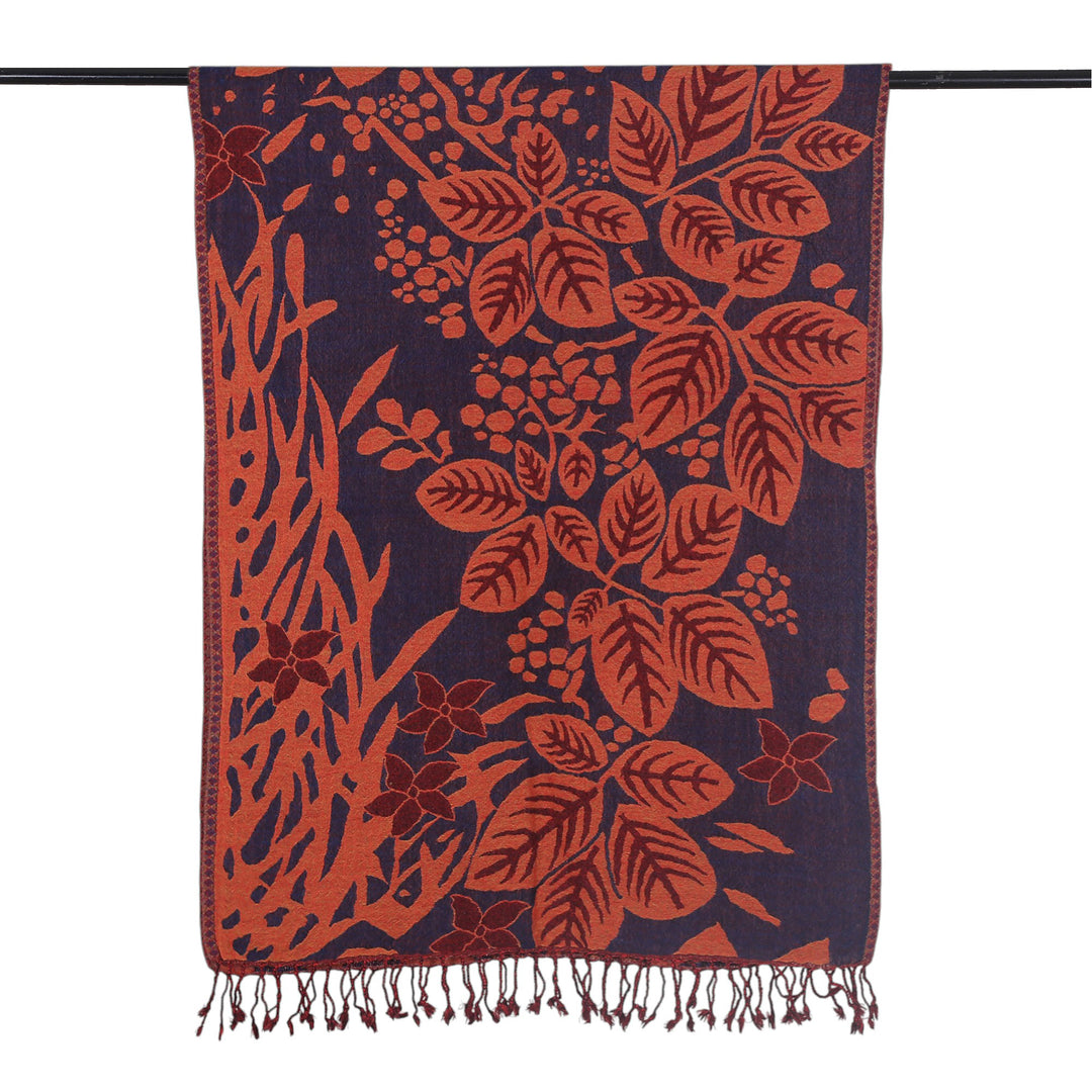 Floral Leaf-Themed Reversible Wool Shawl in Orange and Blue - Botanical Elegance