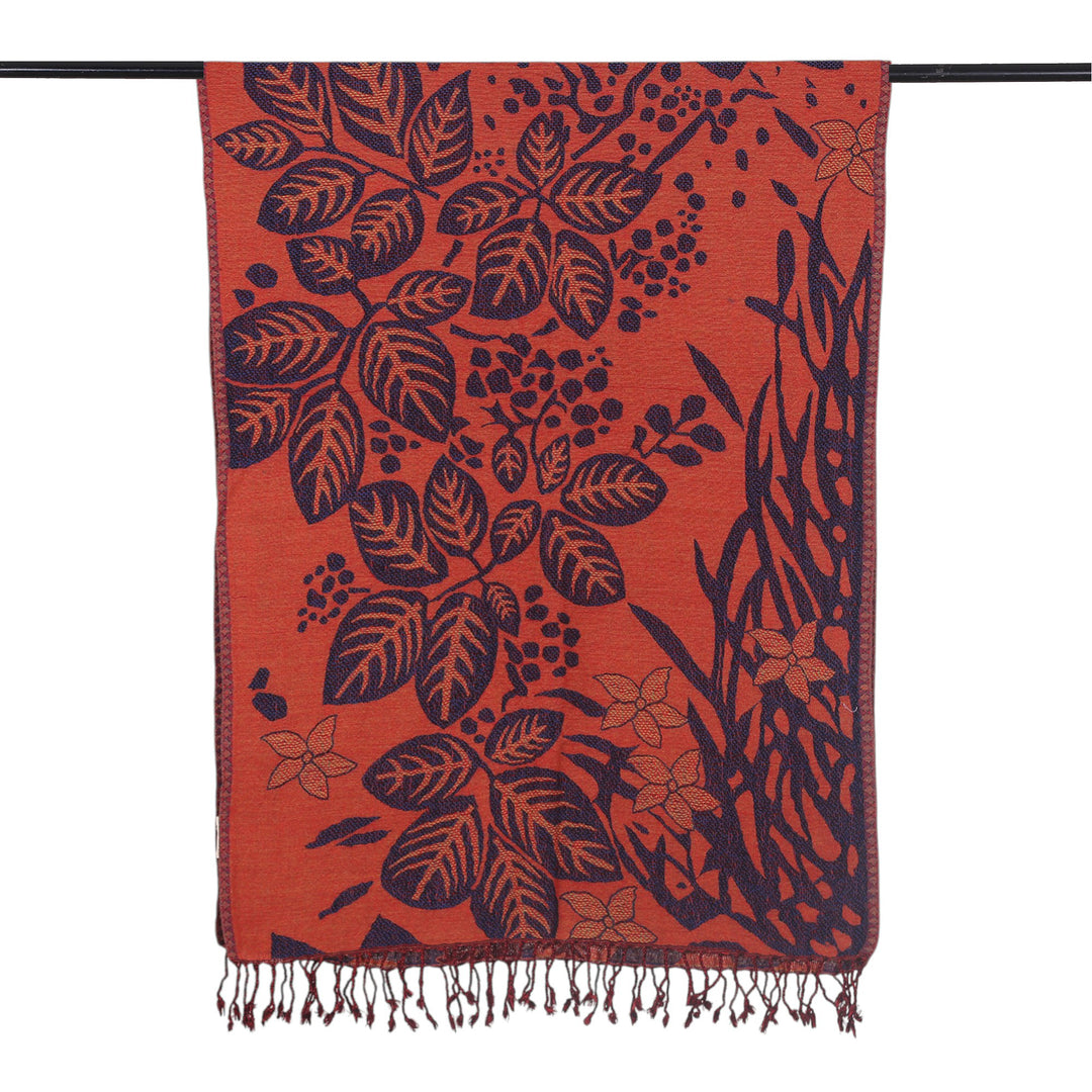 Floral Leaf-Themed Reversible Wool Shawl in Orange and Blue - Botanical Elegance