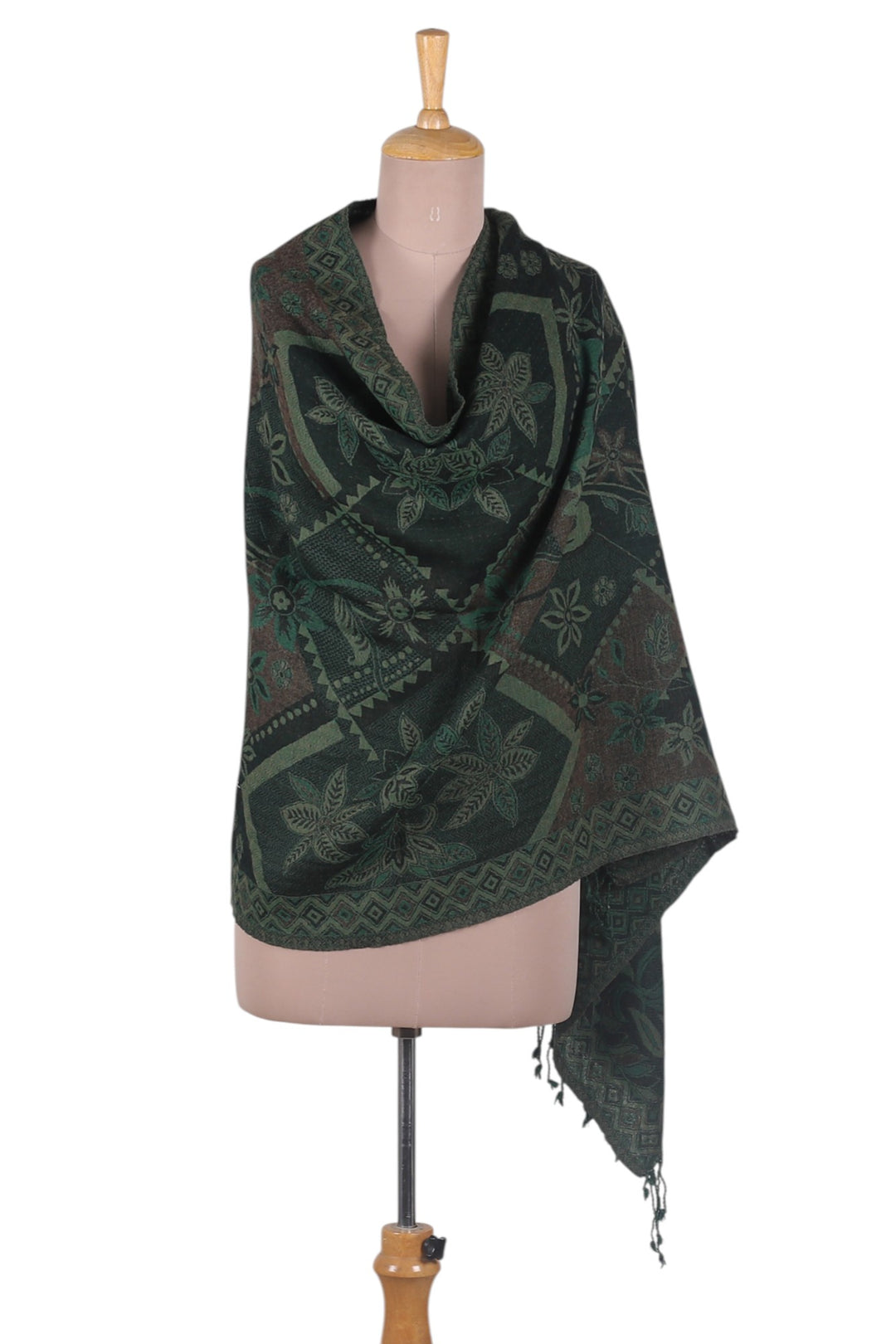 Floral Geometric-Themed Reversible Wool Shawl in Green Hues - Verdant Blooms