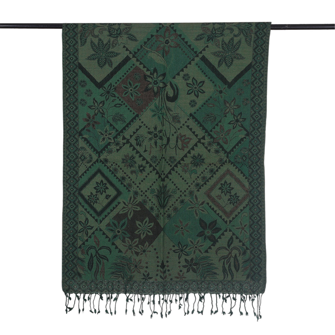 Floral Geometric-Themed Reversible Wool Shawl in Green Hues - Verdant Blooms