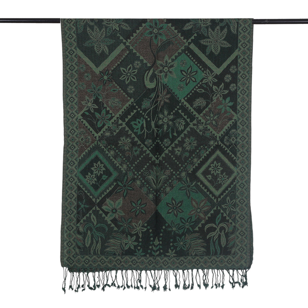 Floral Geometric-Themed Reversible Wool Shawl in Green Hues - Verdant Blooms