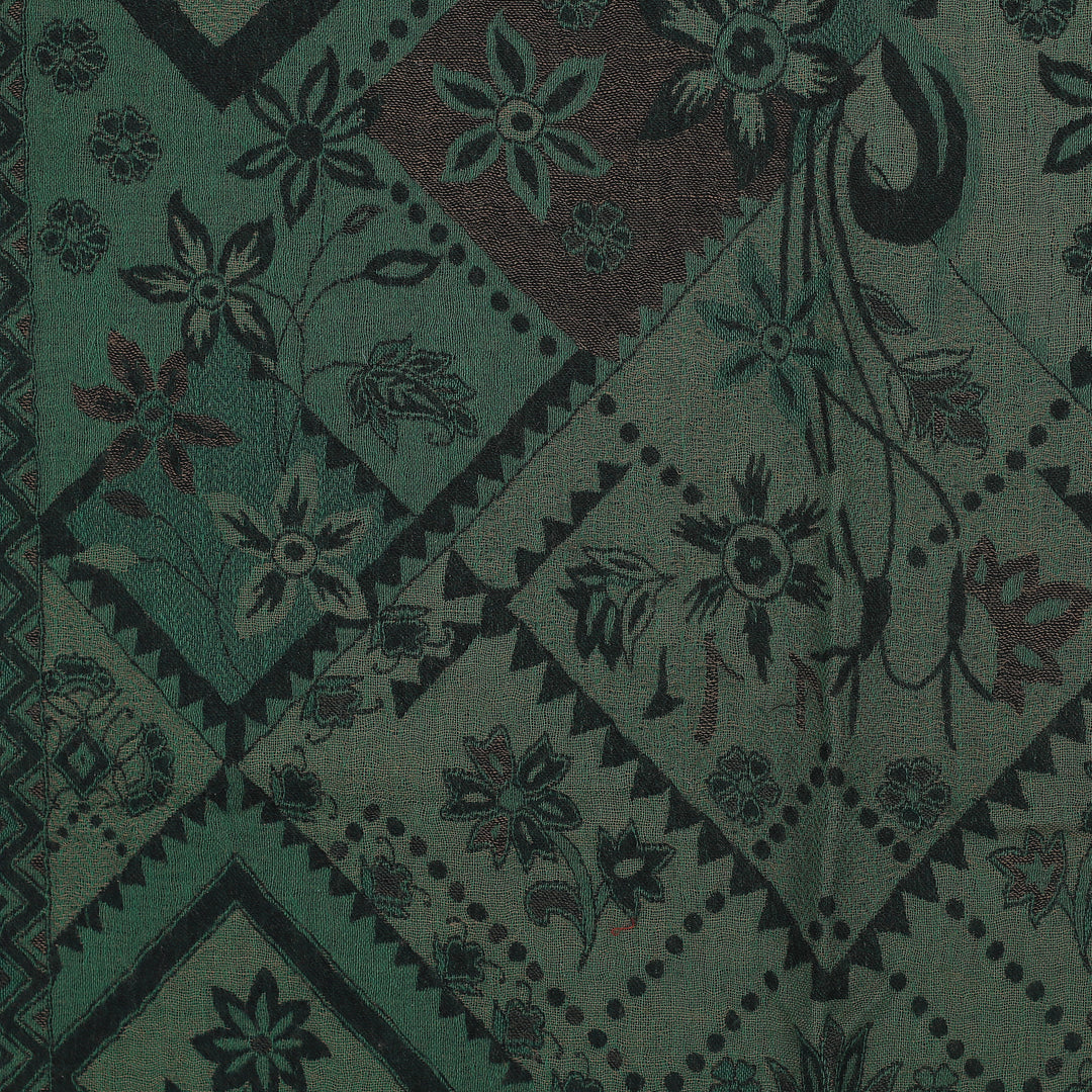 Floral Geometric-Themed Reversible Wool Shawl in Green Hues - Verdant Blooms