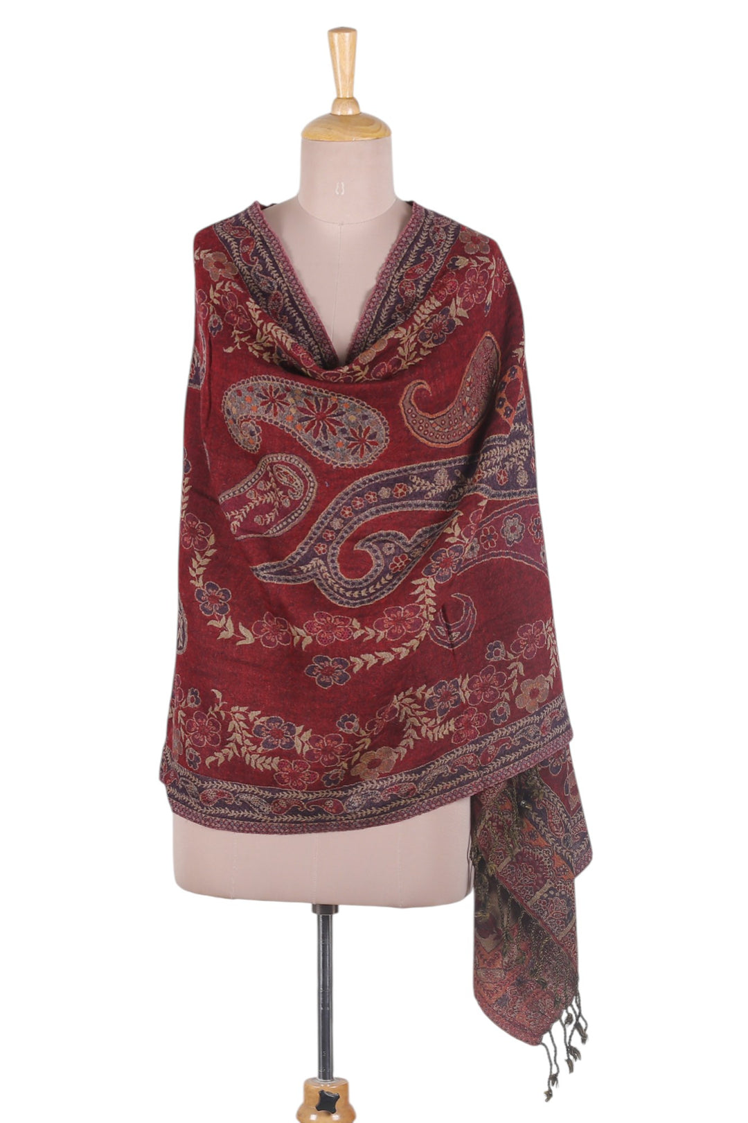 Paisley Floral-Themed Reversible Jamawar Jacquard Wool Shawl - Majestic Paisley