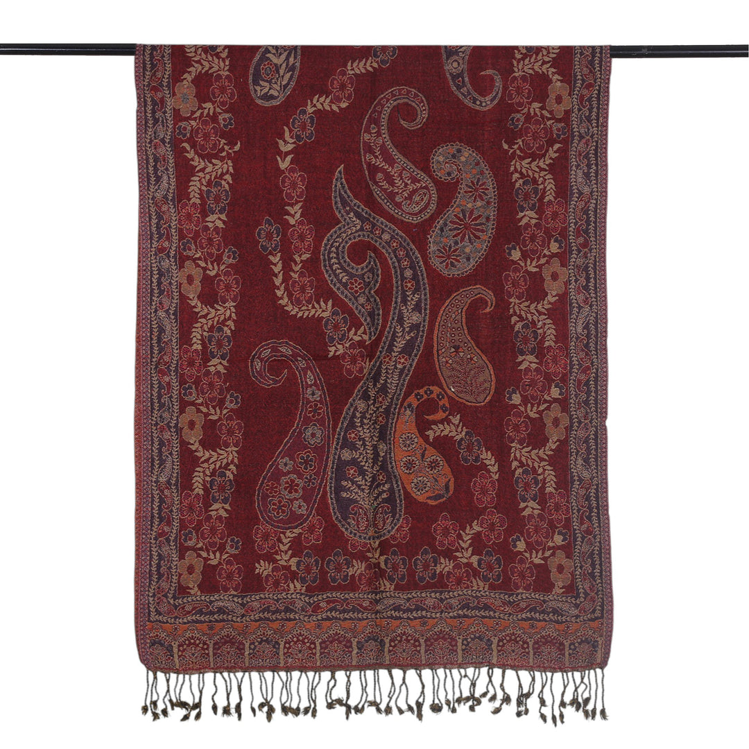 Paisley Floral-Themed Reversible Jamawar Jacquard Wool Shawl - Majestic Paisley