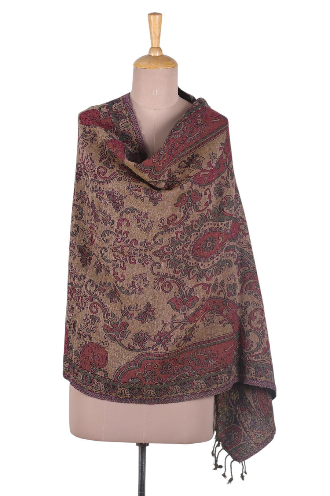 Paisley-Themed Reversible Jamawar Wool Shawl with Fringes - Paisley Garden
