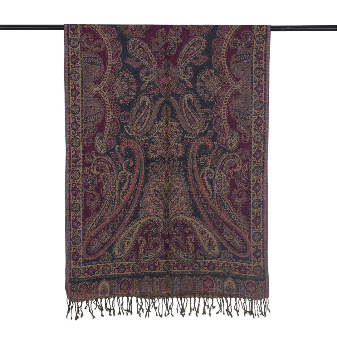 Paisley-Themed Reversible Jamawar Wool Shawl with Fringes - Paisley Garden