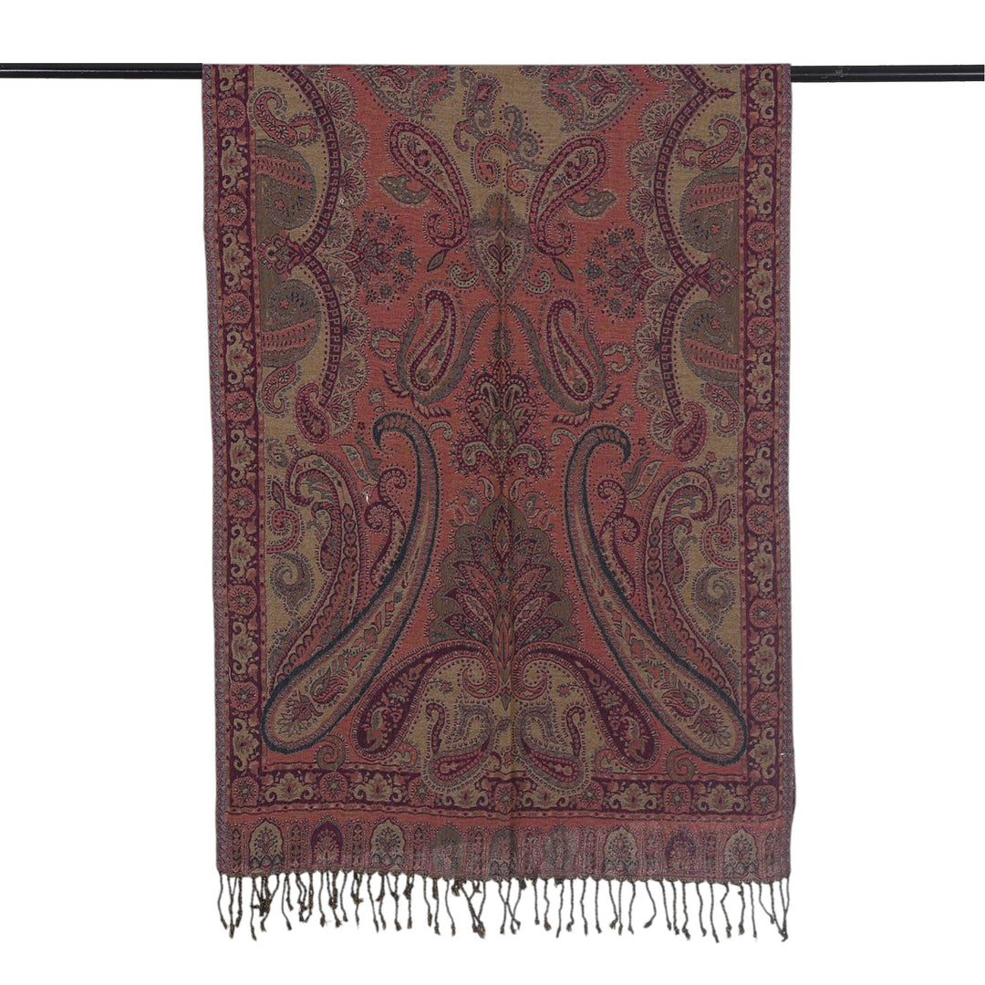 Paisley-Themed Reversible Jamawar Wool Shawl with Fringes - Paisley Garden