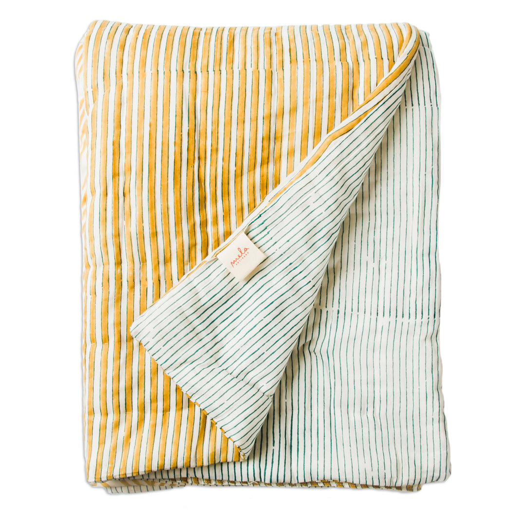 Geometric Pattern Cotton Block Print Throw from India - Mustard Geometry