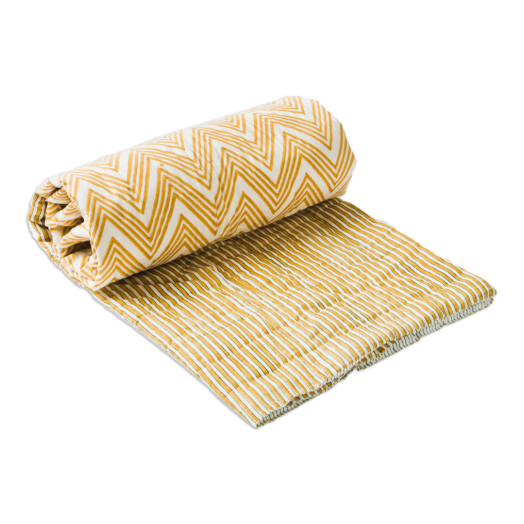 Geometric Pattern Cotton Block Print Throw from India - Mustard Geometry